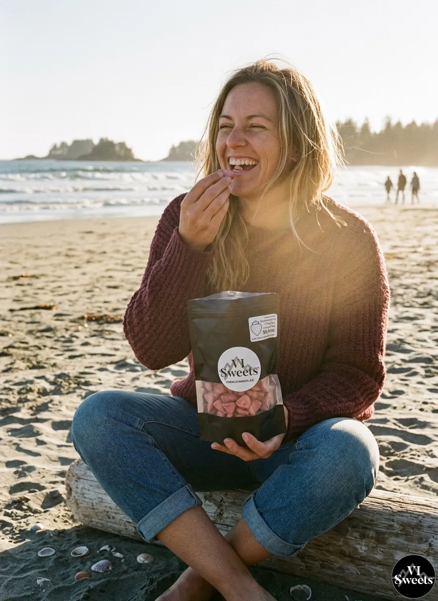 A person smiling and enjoying a bag of VI Sweets Strawberries on a beach in Vancouver Island.