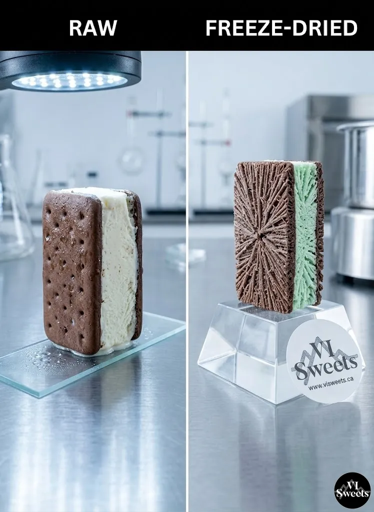 Freeze Drying Peppermint Ice Cream Sandwiches - A picture of a regular ice cream sandwich and an after picture of when it is freeze dried