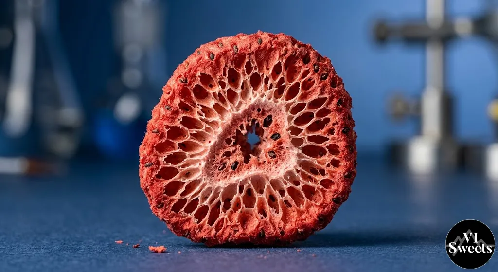  high-resolution macro photograph showing the intricate, honeycomb-like texture of a freeze-dried strawberry slice. The lighting is clinical and sharp, emphasizing the removal of water without damaging the fruit\'s structure. The background is a soft, out-