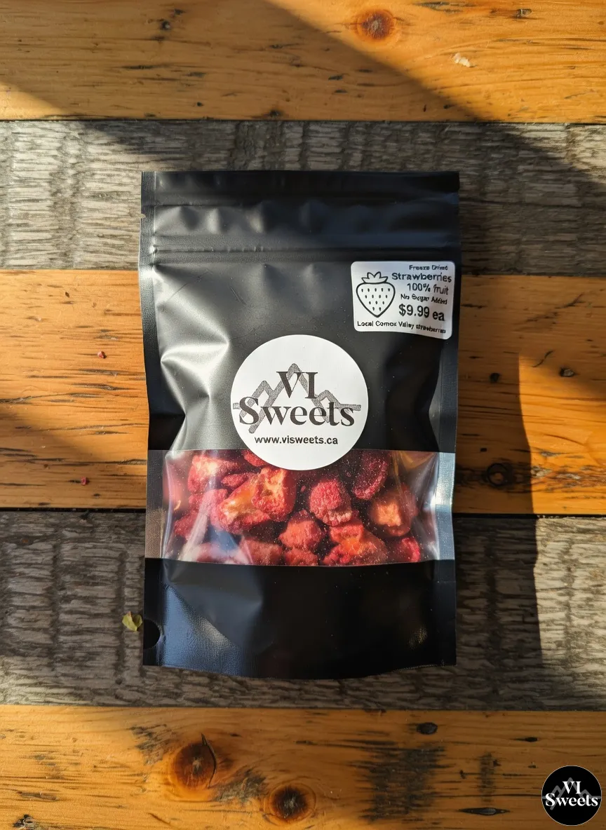 A large bag of VI Sweets freeze-dried strawberries displayed on a rustic kitchen counter.