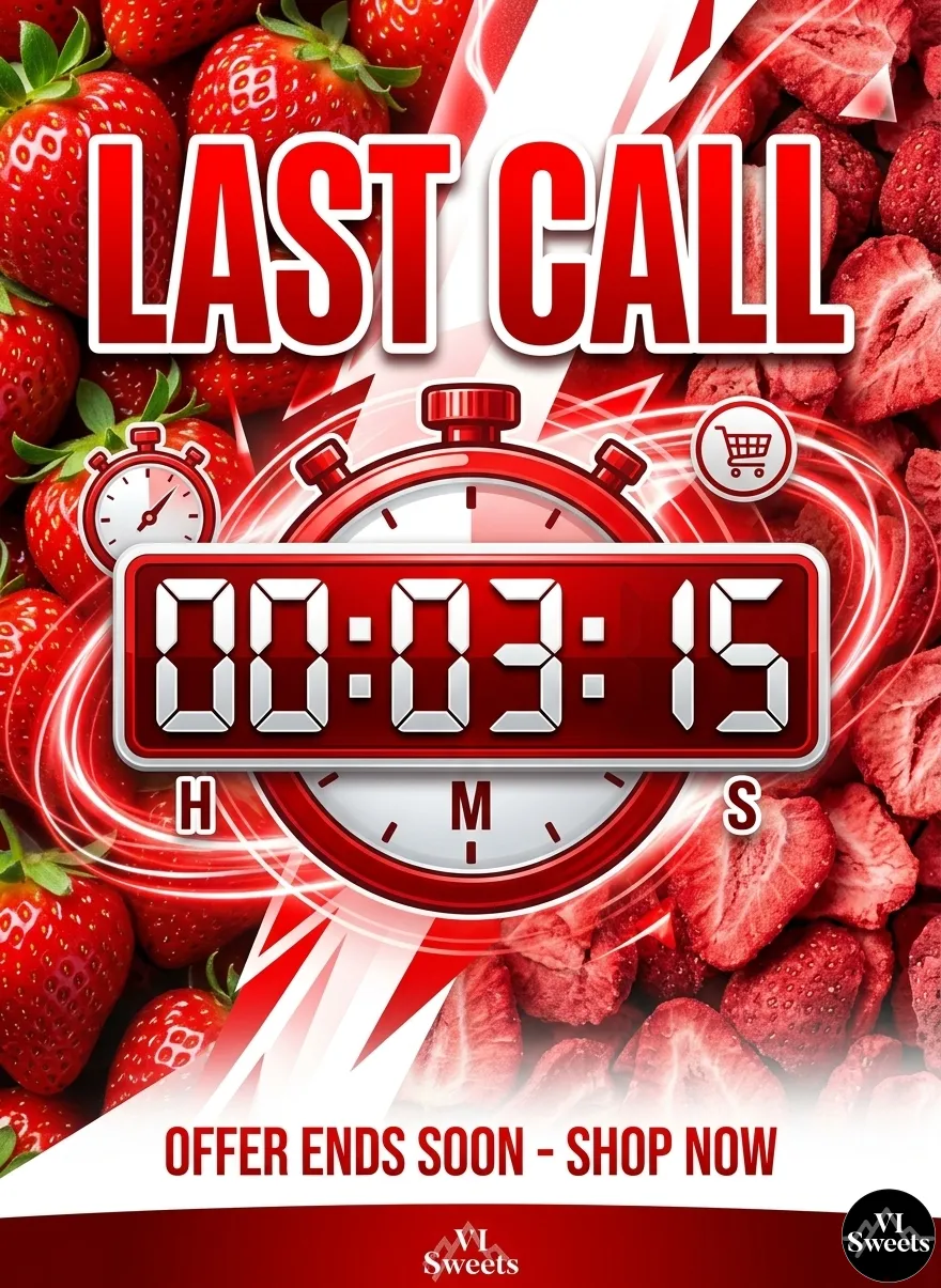 A graphic showing a countdown clock next to a bag of VI Sweets Strawberries.