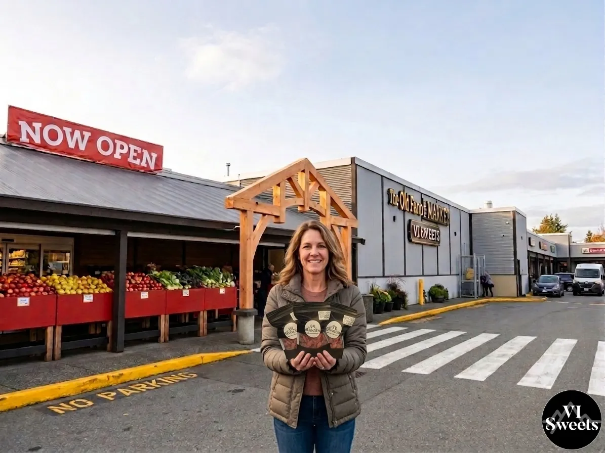 A vibrant, welcoming photo of The Old Farm Market storefront on England Ave, Courtenay. A customer is seen smiling while holding a bag of VI Sweets
