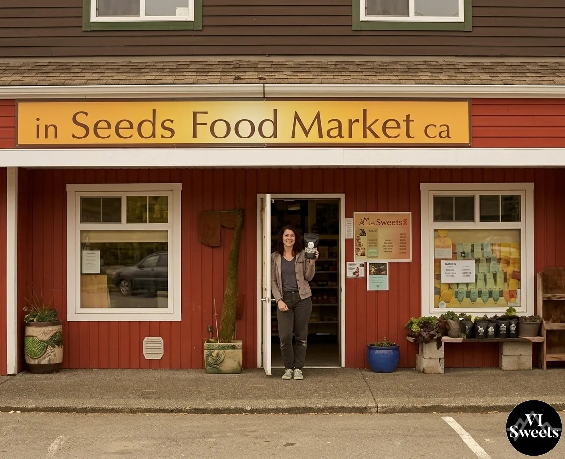 A picture of seeds natural food market in cumberland bc and a customer holding a package of freeze dried candy from VI Sweets