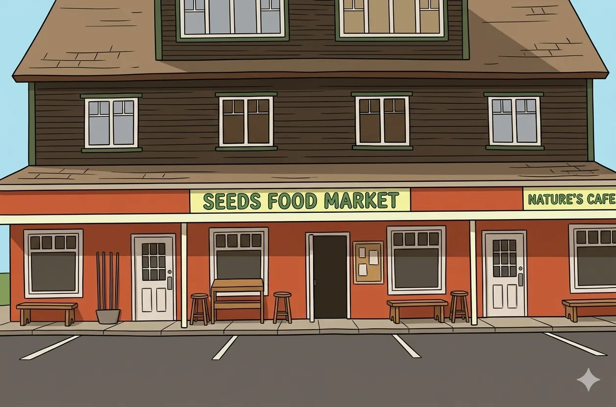 A cartoon images of  Seeds natural food market in Cumberland on Vancouver Island
